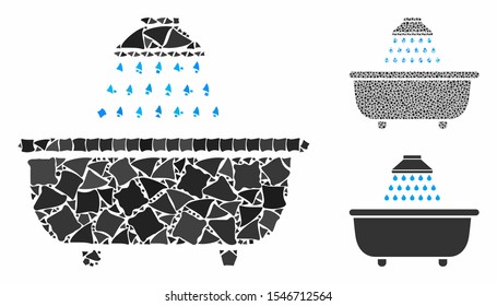 Bath shower mosaic of unequal parts in different sizes and color tints, based on bath shower icon. Vector tuberous parts are composed into collage. Bath shower icons collage with dotted pattern.