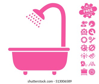 Bath Shower pictograph with bonus tools symbols. Vector illustration style is flat iconic pink symbols on white background.