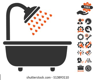 Bath Shower pictograph with bonus tools icon set. Vector illustration style is flat iconic orange and gray symbols on white background.