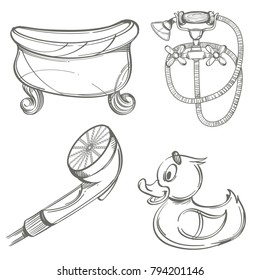 Bath, shower, rubber duck. Set of outline vector illustrations isolated on white background.