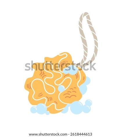 Bath shower Sponge with a rope handle. Wet Loofah with soap bubbles. Vector flat cartoon illustration isolated.
