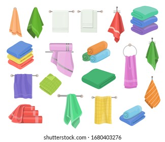 Bath shower towels in stack set. Kitchen towel hanging on ring, textile rolls for spa. Cartoon vector hygien bathroom objects.