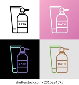 Bath and shower treatments: glass bottle with dispenser and plastic tube. Shower gel, liquid soap. Thin line icon. Modern vector illustration for beauty shop.