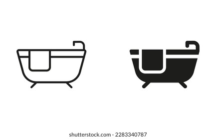 Bath Silhouette and Line Icon Set. Bathtub with Tap and Towel Black Pictogram. Bathroom Symbol Collection. Isolated Vector Illustration.