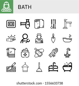 bath simple icons set. Contains such icons as Plumber, Soap, Siphon, Toilet paper, Cleaning brush, Faucet, Washing, Painter, Trowel, Baby tub, can be used for web, mobile and logo