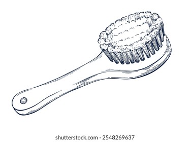 Bath skincare wooden massage brush hand drawn Isolated vector illustration. Sketch template loofah for card design, cosmetics, medicine, aromatherapy, package design healthcare decor. Engraving