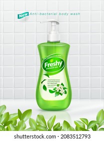 Bath soap ad Protects against germs and bacteria Made from natural extracts, fragrant flowers. long lasting freshness Pump bottle Isolated product on white tile background with foreground leaves.