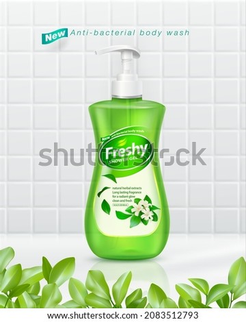 Bath soap ad Protects against germs and bacteria Made from natural extracts, fragrant flowers. long lasting freshness Pump bottle Isolated product on white tile background with foreground leaves.