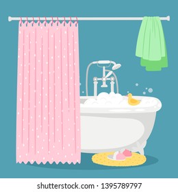 Bath, soap bubbles, yellow duck and towel vector illustration. Bathroom and bathtub, yellow duck and towel