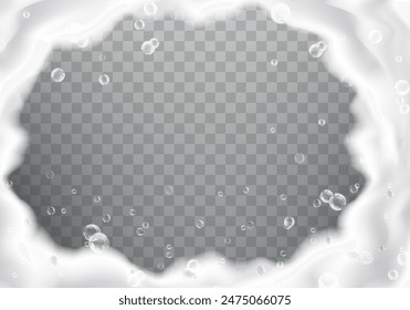 Bath soap or shower gel foam frame with bubbles on transparent background. Realistic 3d vector illustration white foamy border with overlay effect. Lather wash detergent or shampoo spume texture.