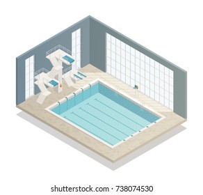 Bath sport and leisure center with 6 lane indoor swimming pool and diving platforms isometric vector illustration 