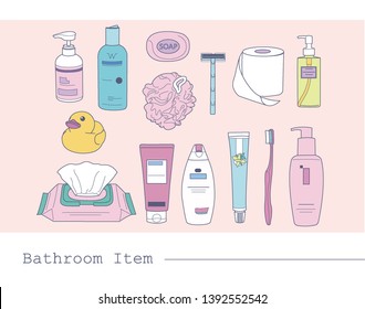 Bath supplies for beauty care. hand drawn style vector design illustrations. 