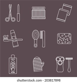 Bath supplies, hygiene accessories, cosmetics, hair care etc. Line vector icons set.