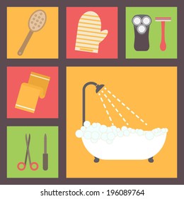 Bath supplies, shower, manicure scissors, brush, towel and razors. Flat design vector icons set.
