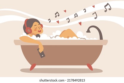 Bath taking smiling woman listening to music with smartphone in flat modern style, isolated vector illustration in beige pallet. With foam bubbles.