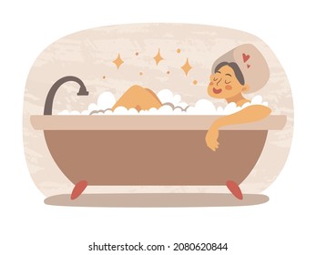 Bath taking smiling woman as a self care concept in flat modern style, isolated vector illustration in beige pallet. With foam bubbles and towel on a head.