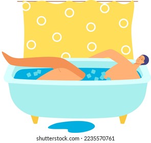 Bath therapy treatment, man soaking in icy bath vector illustration. Natural medicine for healthcare, freezing runny for male person.