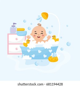 Bath Time! Baby taking a bath playing with foam bubbles and duck. Illustration with baby character and different childish elements. 