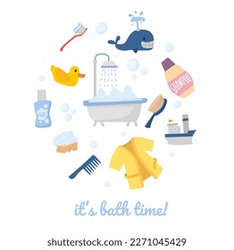 Bath Time Banner oder Karte, dekorativer Druck mit Badezubehör, flache Vektorgrafik. Babybaden, Waschen und Hygiene-Routine-Banner oder Poster.