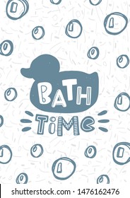 Bath time colored lettering card with soap bubbles. Baby vector stylized typography. Kids print. Hand drawn phrase poster, banner, sticker design element for nursery