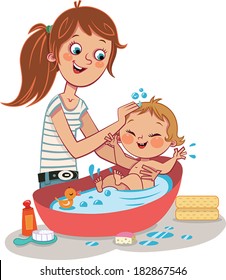 Bath time for cute baby. Vector illustration.