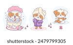Bath time and cute dogs. Funny pet bathes in bath with foam. Puppy in bathrobe and with towel on head and dog meditating . Isolated cartoon kawaii animal character. Vector illustration