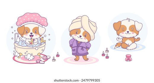 Bath time and cute dogs. Funny pet bathes in bath with foam. Puppy in bathrobe and with towel on head and dog meditating . Isolated cartoon kawaii animal character. Vector illustration