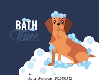 Bath time of dog cartoon on blue background