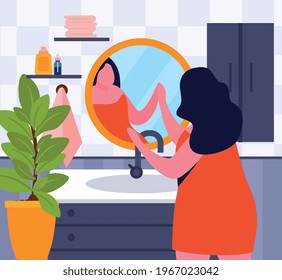 Bath time flat background with woman in bathroom interior in front of mirror vector illustration