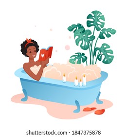 Bath time flat vector illustration. Cartoon happy young woman character lying in bathtub full of soap foam bubbles and reading book, african girl relaxing in bathroom, spa at home isolated on white