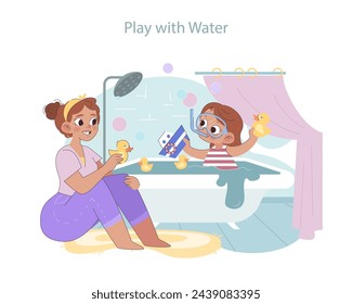 Bath Time Fun concept. A child with water toys and a playful parent, illustrating joyful moments and sensory exploration. Encouraging imaginative water play.