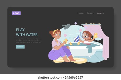 Bath Time Fun concept. A child with water toys and a playful parent, illustrating joyful moments and sensory exploration. Encouraging imaginative water play.