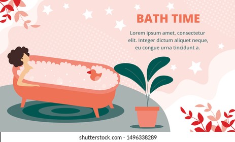 Bath Time Horizontal Banner. Young Woman Lying in Bathtub Full of Soap Foam and Rubber Duck Toy. Spa Procedure in Salon, Hotel Recreation, Home Leisure and Spare Time. Cartoon Flat Vector Illustration