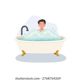 bath time hygiene concept cartoon man in bathtub with soap bubbles. bathroom lifestyle and personal care theme