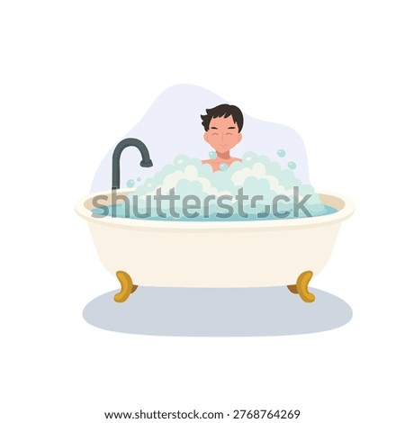 bath time hygiene concept cartoon man in bathtub with soap bubbles. bathroom lifestyle and personal care theme