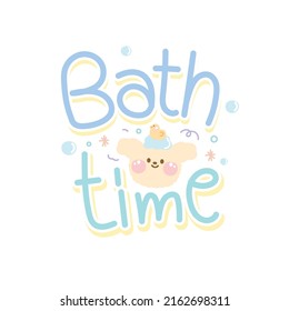 Bath time text with face dog and duck cartoon.Font design.Shower concept.Pastel.Kawaii.Vector.Illustration.