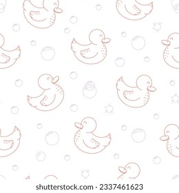 Bath time theme seamless vector pattern with rubber duck toy. Cute hand drawn lineart background for kids room decor, nursery art, gift, fabric, packaging, textile, wrapping paper, wallpaper, apparel.