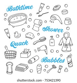 Bath time, toilet, shower related hand drawn doodle icons with towels, bathtub, razor, shampoo, cream, bathrobe, brush, toothpaste, hair dryer, rubber duck, tissues box, soap.