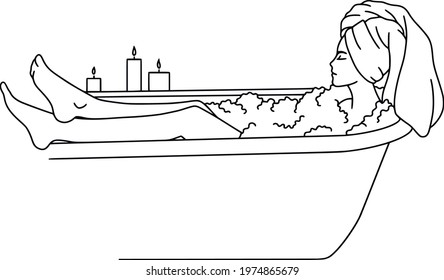 Bath time. Vector illustration of a woman taking a bubble bath, Personal hygiene, time for self care. Relaxing woman. Care situation. Healthy habits.
