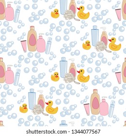 Bath Time. Vector seamless pattern with ducks and bubbles