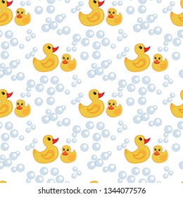Bath Time. Vector seamless pattern with ducks and bubbles. Bathroom Beauty Objects. Bath set. 