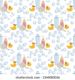 Bath Time. Vector seamless pattern with ducks and bubbles