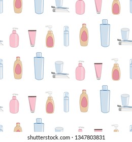 Bath Time. Vector seamless pattern with beauty products. Bathroom Themed Design