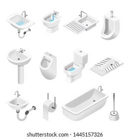 Bath and toilet bathroom furniture and equipment isolated objects sink and bidet urinal paper holder and brush rest room and shower ceramic items tap and flush drain and sewage house plumbing.