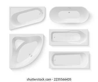 Ilustración vectorial realista del conjunto sanitario doméstico de acrílico blanco en la parte superior de la bañera. Baño casa hotel apartamento agua procedimiento spa lavado diario. Bañera de lujo de diferente forma