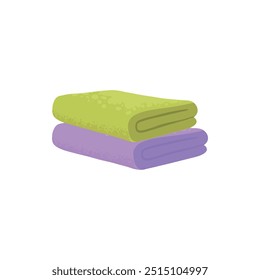 Bath towel. Cartoon fabric towel hanging on ring, rolled color cloth and folded towel vector illustration icon. Towel bath for hygiene, bathroom textile on white background
