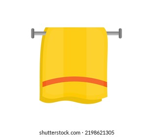 Bath towel, flat illustration logo design. Yellow fluffy bath towel hanging on wall. Towel bath for hygiene, bathroom textile  vector design and illustration.