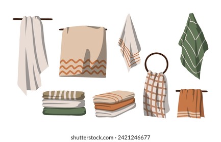 Bath towel. Hand kitchen towels, textile cloth for spa, beach, shower fabric rolls lying in stack. Cartoon vector hygiene objects clothing softness blanket hanging handkerchief set