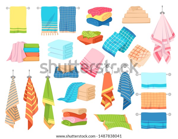 Bath\
towel. Hand kitchen towels, textile cloth for spa, beach, shower\
fabric rolls lying in stack. Cartoon vector hygiene objects\
clothing softness blanket hanging handkerchief\
set