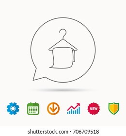 Bath towel icon. Cleaning service sign. Bathroom hanger symbol. Calendar, Graph chart and Cogwheel signs. Download and Shield web icons. Vector